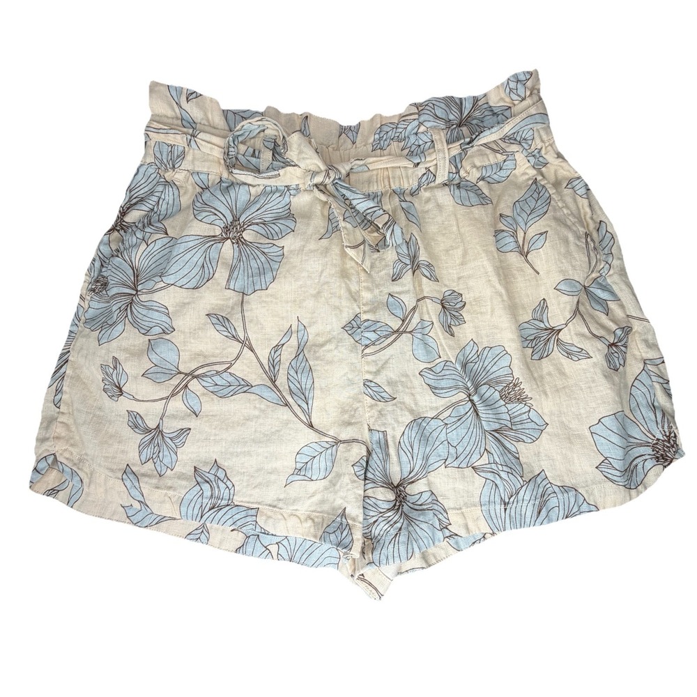 Cynthia Rowley Floral Linen Belted Shorts Women's Large Beach Cruise Resort Blue